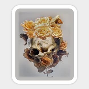 Human skull with three snake heads surrounded by dry golden roses Sticker